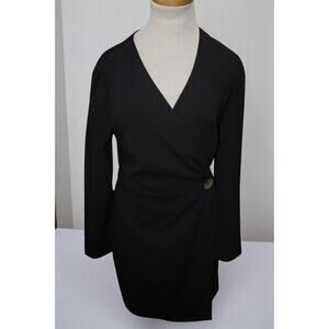 MANGO Suit Black Wrap Mini Dress – Long Sleeve Button Detail Lined Size M